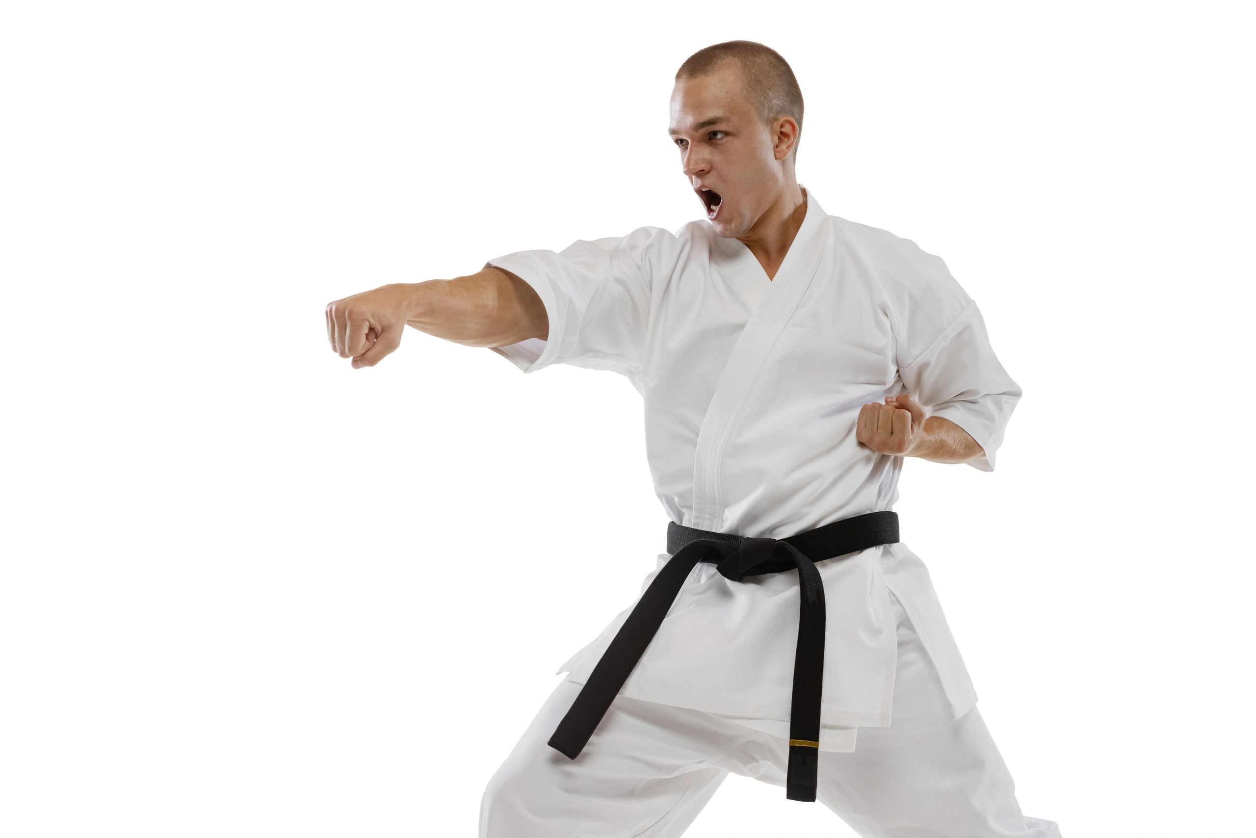 Spear hand thrust move. One caucasian sportsman training
